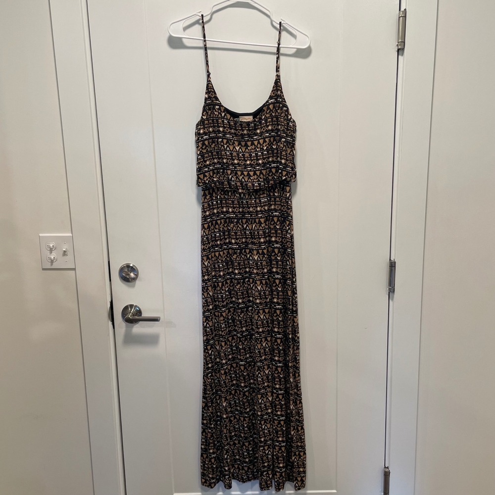 Self‎ Esteem Womens Geometric Tribal Print Maxi Dress Black Tan Med Boho Strappy